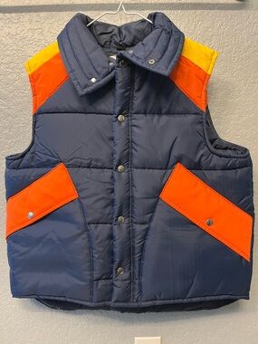 Vintage 70s 80s Puffer Vest Navy Orange Yellow stripes Lacy Sportswear Sz L